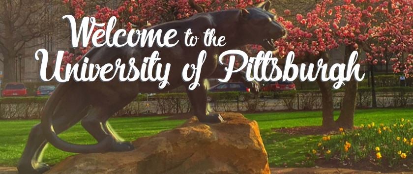 Welcome to the university of Pittsburgh with panther statue in background