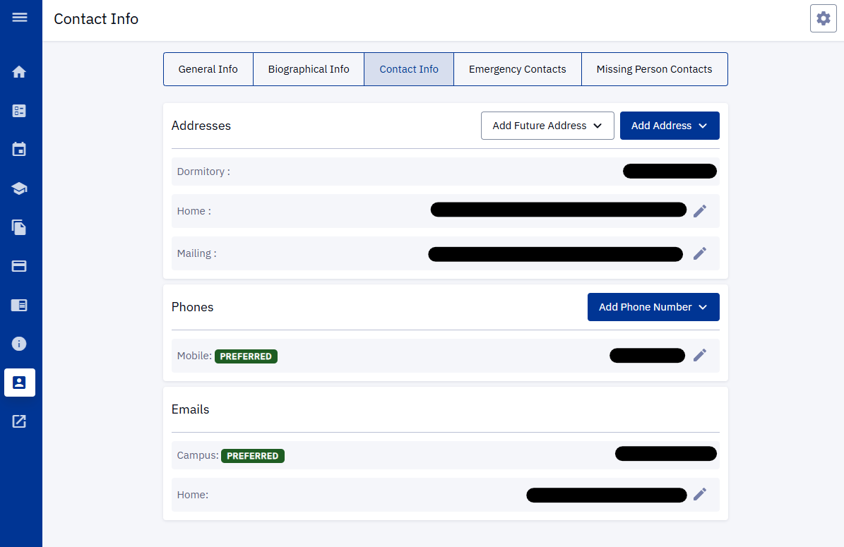 The Contact Info page in Peoplesoft/HighPoint Campus Experience (CX). The page is divided into Addresses, Phones, and Emails.