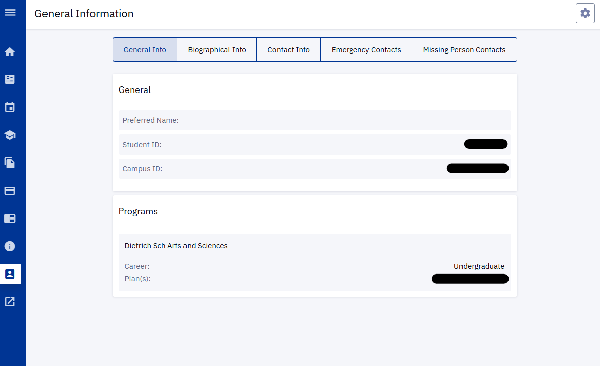 The General Information page in Peoplesoft/HighPoint Campus Experience (CX). The page is divided into General and Program. The General section includes Preferred Name, Student ID, and Campus ID. The Program section lists the student’s School, Career, and Plan.