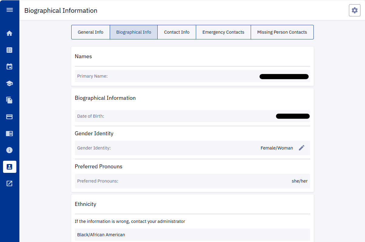 The Biographical Information page in Peoplesoft/HighPoint Campus Experience (CX). The page is divided Names, Biographical Information, Gender Identity, Preferred Pronouns, and Ethnicity.